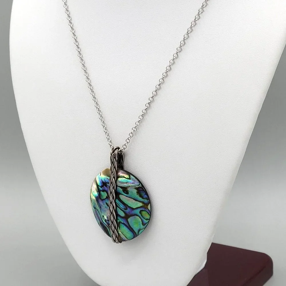 Womens Round Mother Of Pearl Pendant Silver Tone Round Link Chain Necklace 22 in - Picture 4 of 8